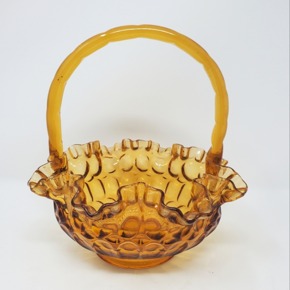 VTG Fenton Colonial Amber Ruffled Thumbprint Bridal Basket